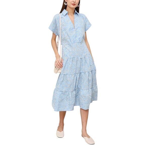 ZARA‎ Dress WMNS M Blue Embroidered Eyelet Midi  Shirt Cutwork V-Neck 7946/528 - Picture 1 of 16